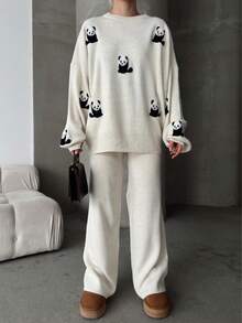 Women Casual Heart Pattern Round Neck Long Sleeve Pullover Top And Long Pants Set, Embroidery Design - White - View 5