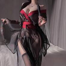 Graceful Retro Sexy Lightweight Mesh Nightdress Phantom Niche Print Kimono Women's Set - màu đen - Xem 3