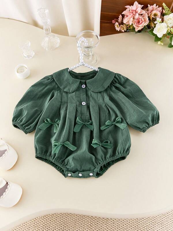 Baby Girl Bow Decor Pink Bodysuit, Autumn