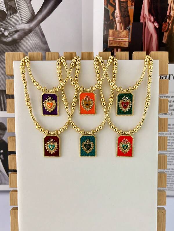 1pc Fashionable Vintage Tarot Card, Enamel Heart Charm, Copper Bead Chain Adjustable Necklace, Suitable For Ladies Casual, Party & Gift