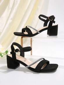 女童简约夏季单带扣高跟凉鞋，适合少女，校园风格，舞鞋 - 黑色 - 查看 6