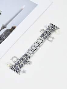 1 件银色星形吊坠表带，适用于女士，兼容 表带 38mm40mm41mm42mm44mm45mm46mm49mm，链条式皮革手链，兼容 Series 10/9/8/7/6/5/4/3/2/1/SE/Ultra，可调节腕带，情人节礼物 - 銀色 - 查看 6