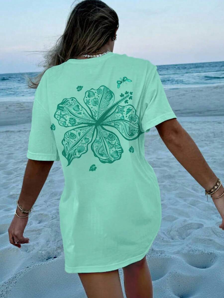 Oversized Y2k Graphic T Shirt For Women Teens Girl Floral Shells Starfish Butterfly Print Short Sleeve Baggy Tee Shirts Loose Fit Vintage Aesthetic Coastal Tops Summer Beach Vacation Preppy Going Out Tops Streetwear - 薄荷綠 - 查看 1