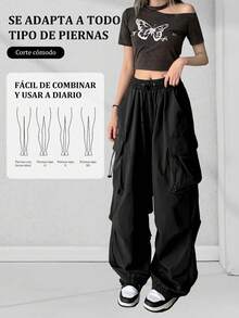 Pantalón largo cargo para dama, pantalones cargo jogger de alta elasticidad y pantalones casuales sólidos para mujer, estilo urbano con cintura alta y cordón ajustable, pierna ancha y bolsillos grandes, en color negro o gris, cómodos, elásticos y ligeros - Negro - Ver 7