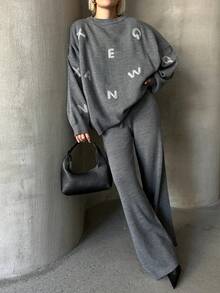 Women Casual Heart Pattern Round Neck Long Sleeve Pullover Top And Long Pants Set, Embroidery Design - Dark Grey - View 1