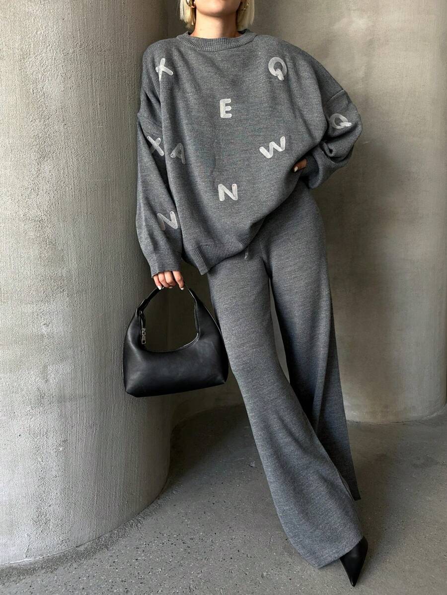 Women Casual Heart Pattern Round Neck Long Sleeve Pullover Top And Long Pants Set, Embroidery Design - Dark Grey - View 1