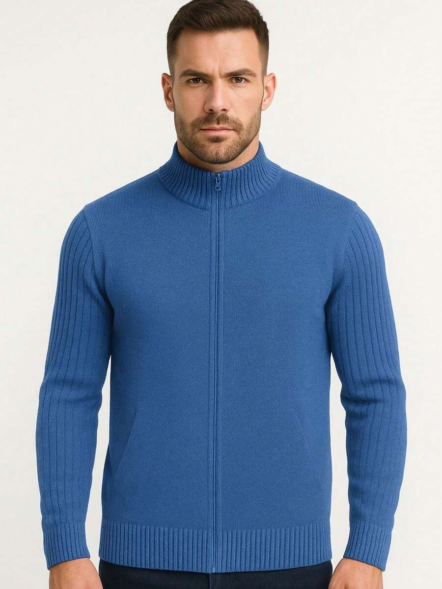 Men's Long Sleeve Jacket With Zipper And Pocket High Neck Autumn/Winter Cold Weather Blouse - Blue - View 1