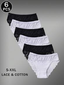 6件套优雅纯色棉质内裤舒适款式蕾丝边女式三角裤 - 黑與白 - 查看 4
