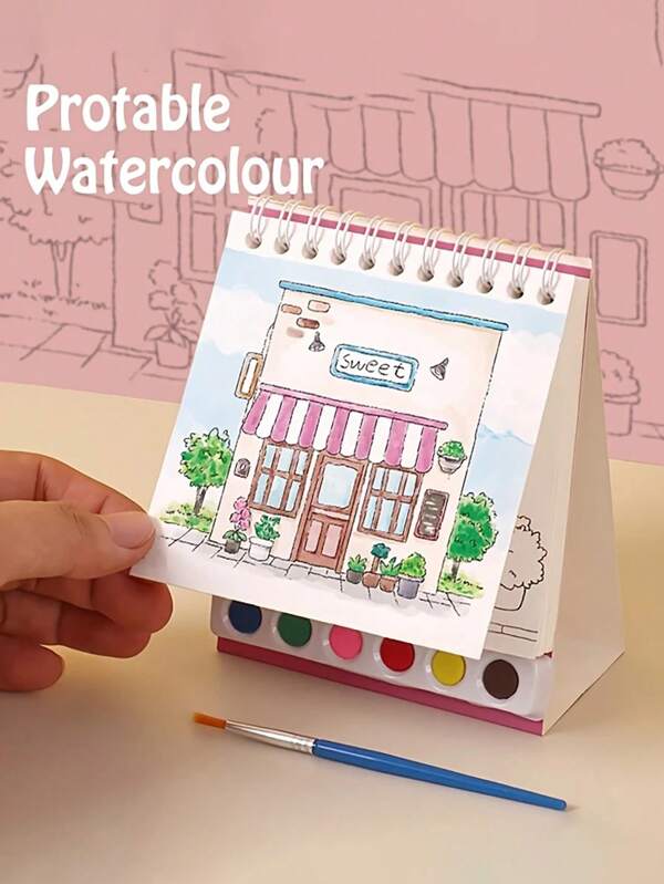 Creative Children's Coil Standing Gouache Painting DIY Gouache Doodle Book. A Set Of 20 Portable Watercolor Painting Books, Including 6 Paints And 1 Pen. It Is Very Suitable For Boys And Girls As A Travel And Creative Art Painting Supplies Set.