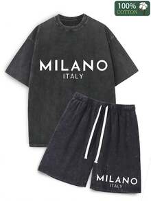 Men's Washed Retro Wax Printed Cotton T-Shirt 230g, 290g Washed Retro Shorts, Milan Italian Print Suitable For Summer Wear, Outdoor Sports, Casual Shorts T-Shirt Shorts Set - màu đen - Xem 1