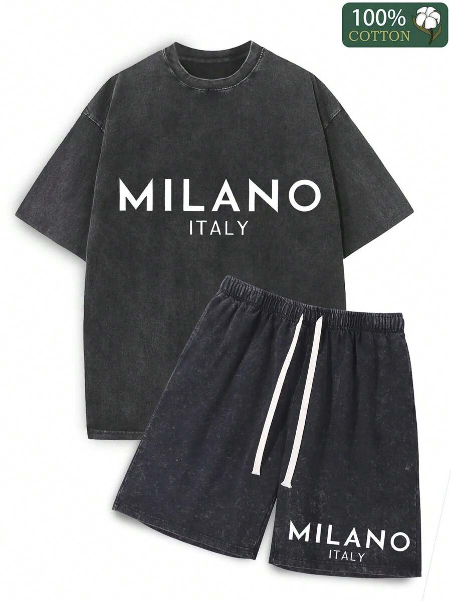 Men's Washed Retro Wax Printed Cotton T-Shirt 230g, 290g Washed Retro Shorts, Milan Italian Print Suitable For Summer Wear, Outdoor Sports, Casual Shorts T-Shirt Shorts Set - màu đen - Xem 1