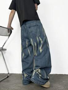 1pc Justice Brother Casual Brand Personalized Distressed Denim Wide Leg Loose Fit Jeans Pants For Men