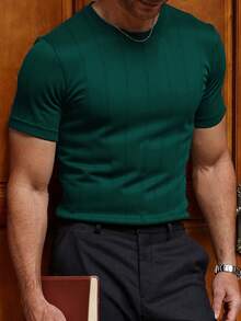 Men's Casual Solid Color Ribbed Knit Crew Neck Short Sleeve Top - Màu xanh Ô liu - Xem 4