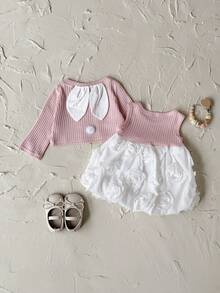2pcs Baby Girls Sweet Headband Knit Cardigan & Rose Pattern Print Dress Set, Spring Autumn - Coral Pink - View 3