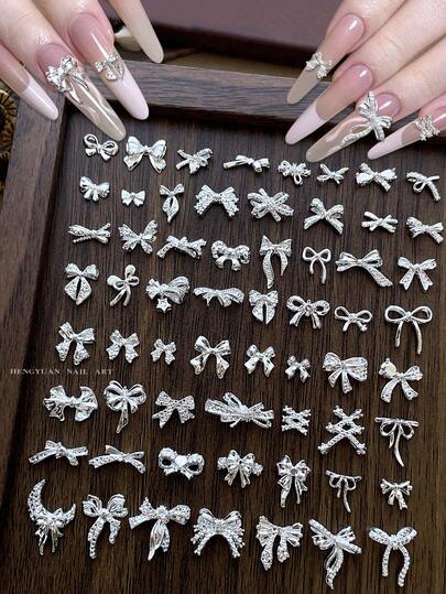 10/100/500个 3D 银色蝴蝶结爱心美甲装饰，韩式金属蝴蝶结、星星、月亮美甲饰品，Y2K朋克美甲宝石，DIY亚克力美甲贴纸，手机壳、鞋子、衣服、包包美甲用品