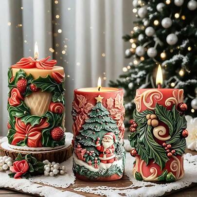 1 件圣诞老人蜡烛硅胶模具冬青叶浆果叶圆柱蜡烛 DIY 手工皂石膏树脂适用于圣诞派对装饰饰品和创意礼物