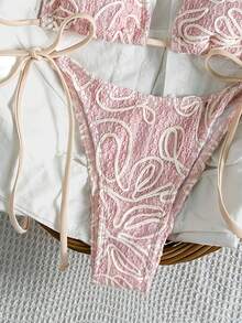 Bikinx 女士不对称条纹系带比基尼套装，时尚夏季度假沙滩粉色 - 粉色 - 查看 4