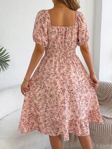 女式休闲节日荷叶边袖抽绳碎花短袖连衣裙，春夏 - 粉色 - 查看 2