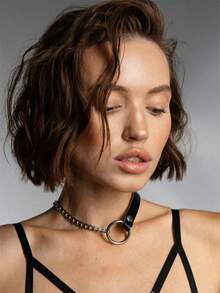 1pc Fashion Collar Punk Choker Rock Gothic Black PU Leather Tassels Harajuku Studded Necklace Bondage Bell Party Jewelry Accessories - Black - View 6