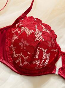 情趣内衣浪漫红：精致蕾丝花型情趣内衣套装，性感优雅红色蕾丝性感文胸配丁字裤，针织性感蕾丝花型情趣内衣套装两件套 - 酒紅色 - 查看 2