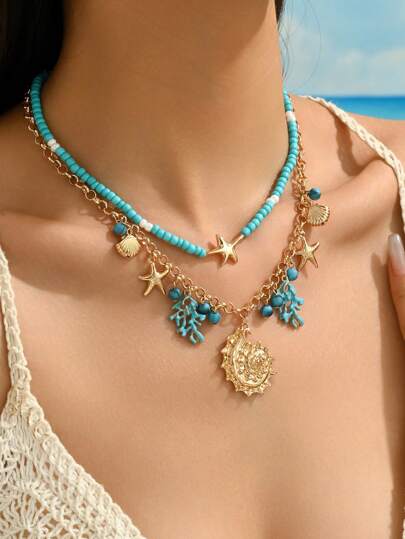 1pc Elegant & Fashionable Boho Ocean Element Gold Starfish, Gold Shell, Gold Conch, Blue Coral, Seed Bead DIY Necklace, Suitable For Sexy Lady Beach Party Wear, Coral Blue Color May Have Slight Unevenness Or Adhesion As Normal