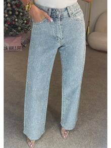 Women's Rhinestone Jeans High Waist Sright Leg Baggy Y2K Sparkly Vintage Wash Trousers Denim Pants - 藍色 - 查看 5