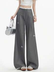 美式灰色条纹蝴蝶结高腰阔腿蕾丝休闲女裤