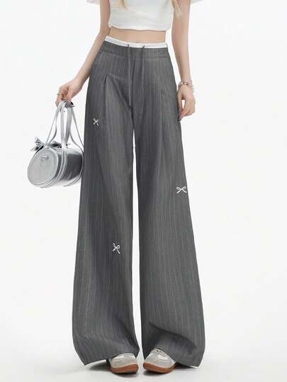 美式灰色条纹蝴蝶结高腰阔腿蕾丝休闲女裤