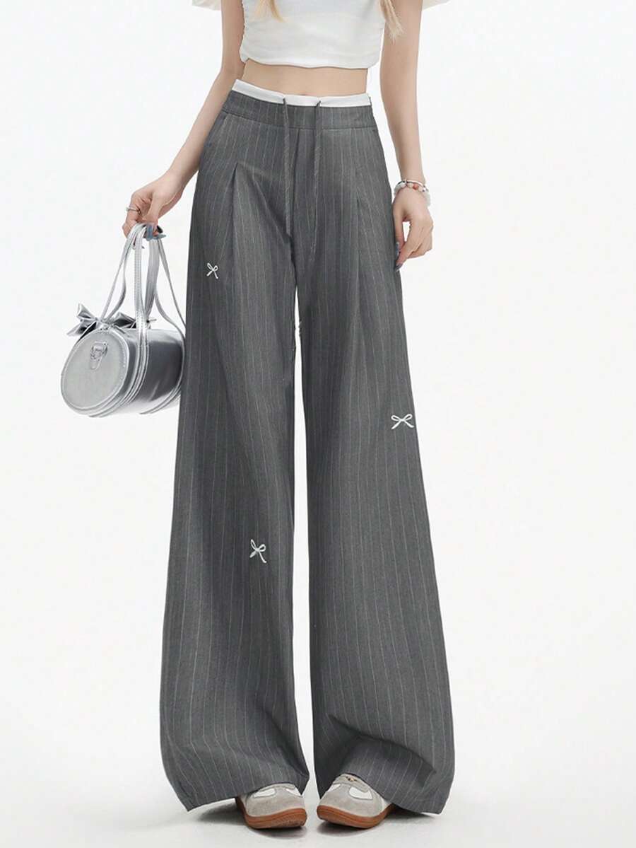 美式灰色条纹蝴蝶结高腰阔腿蕾丝休闲女裤