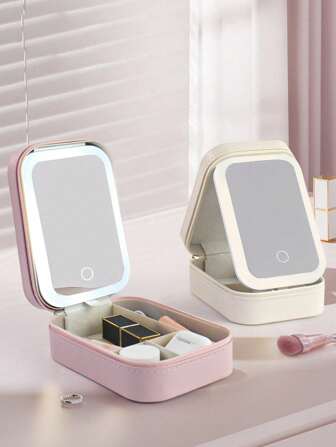 1 Bolsa de maquillaje recargable para viajes con espejo iluminado LED de 3 colores, brillo ajustable, organizador de cosméticos de cuero impermeable - Divisores extraíbles y soporte para brochas de maquillaje, espejo de vanidad con pantalla táctil compacta para almacenamiento de joyas/lápices labiales, perfecto para dormitorio/despedida de soltera, regalo para adolescentes, mujeres y viajeros - Excelente para el Día de San Valentín y el Día de la Madre