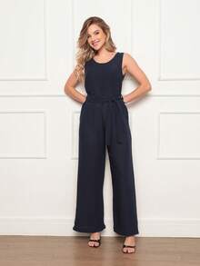 Women's Sleeveless Long Jumpsuit With High Waist Tie Belt And Side Pockets – Elegant And Comfortable - 藏蓝色 - 查看 2