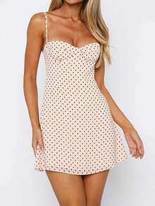 Women's Dots Print Mini Dress Sleeveless Spaghetti Strap A-Line Dress Summer Casual Dress - 杏色 - 查看 2