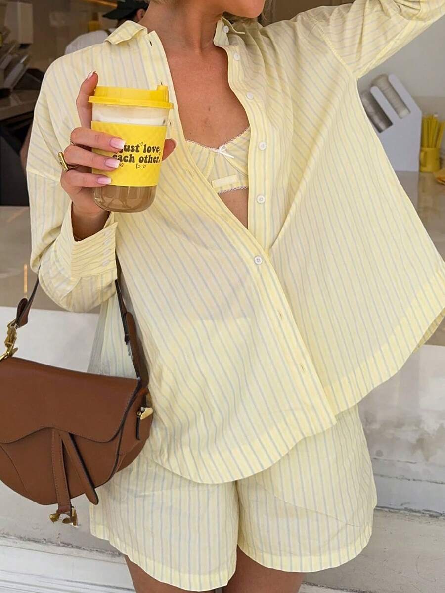 秋季女士休闲条纹衬衫和短裤两件套梭织套装 - 黃色 - 查看 1