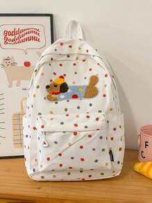 1 件尼龙拉链开合时尚简约日式撞色原宿风格腊肠犬波尔卡圆点图案背包，小众设计青少年百搭休闲背包，返校季书包，可调节肩带适合外出、通勤、户外、学校日常使用，是送给青少年的完美礼物，收藏品，理想的生日礼物（图案位置随机）