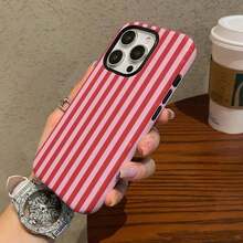 Pink Striped, Minimalist, Dual-Layer Protective Phone Case For Iphone 16 Pro Max, 15 Pro, 13, 11, 12, XS Glossy 2-In-1 - 白色 - 查看 6