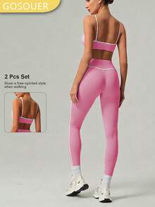 2 PCS CO Ord Set Spring And Summer Women Fashion White Line Yoga Sports Bra And Legging - Hồng - Xem 2