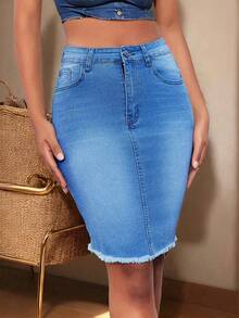 Women's Casual Raw Hem Fitted Denim Skirt, Stretch Elegant Sexy Knee Length Jean Skirt For All Seasons - Medium Wash - View 3