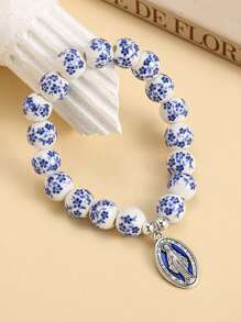 1pc Virgin Mary Letter Cross Geometry Star Heart Beaded Pendant Bracelet, Multicolor Natural Stone & Metal, Elegant For Party & Chinese Style