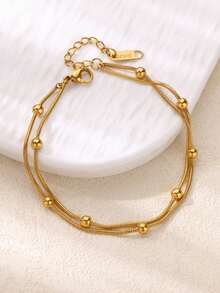 2件套简约双层串珠不锈钢脚链和可调节18K镀金防水手链套装，女士夏季假日珠宝礼物，送给妈妈/闺蜜 - 多款 - 查看 4