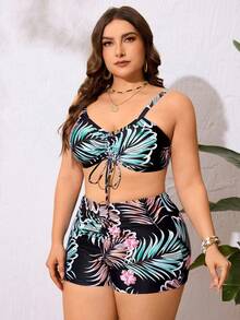 Conjunto de bikini con estampado tropical de talla grande  tres piezas sujetador de empuje y bottom de bikini tipo hipster y kimono para mujer estilo vacaciones de verano en la playa - Negro - Ver 5