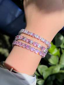 1条非常华丽的粉色立方氧化锆水晶订婚日常派对链网球手链，女士婚礼新娘珠宝礼物 - 粉色 - 查看 3