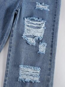 1 条装 女童青少年时尚破洞流苏休闲直筒牛仔裤，街头风格，百搭 - 中等水洗藍 - 查看 7