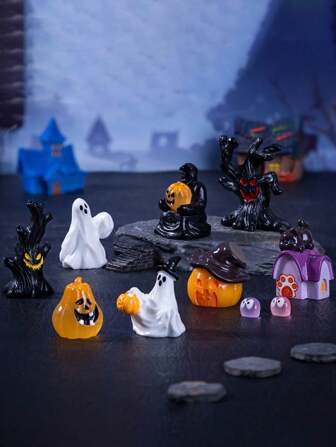 1pc/11pcs/Set Halloween Miniature Figurines Mini Resin Pumpkin Ghost Ornaments Small Halloween Garden Miniature Landscape For Halloween Party Village Bonsai Crafts Outdoor Home Garden Decor