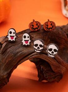 6 Peças Brincos de Pressão com Desenho de Fantasma, Caveira e Abóbora de Moda para Halloween para Mulheres