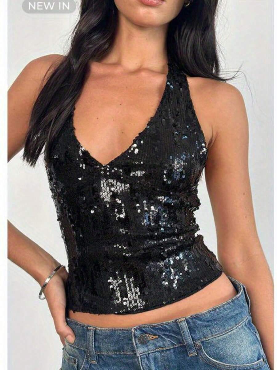 Camiseta de tirantes con lentejuelas para mujer, de unicolor, ajustada, con cuello en V profundo y espalda descubierta, sin mangas - Negro - Ver 1