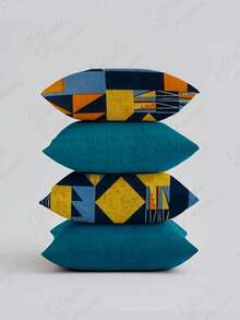 (4 Units) 45x45 Pillow Covers – 2 Plain And 2 Printed – Assorted Colors – AL - Geometric Orange-mint Green - View 1