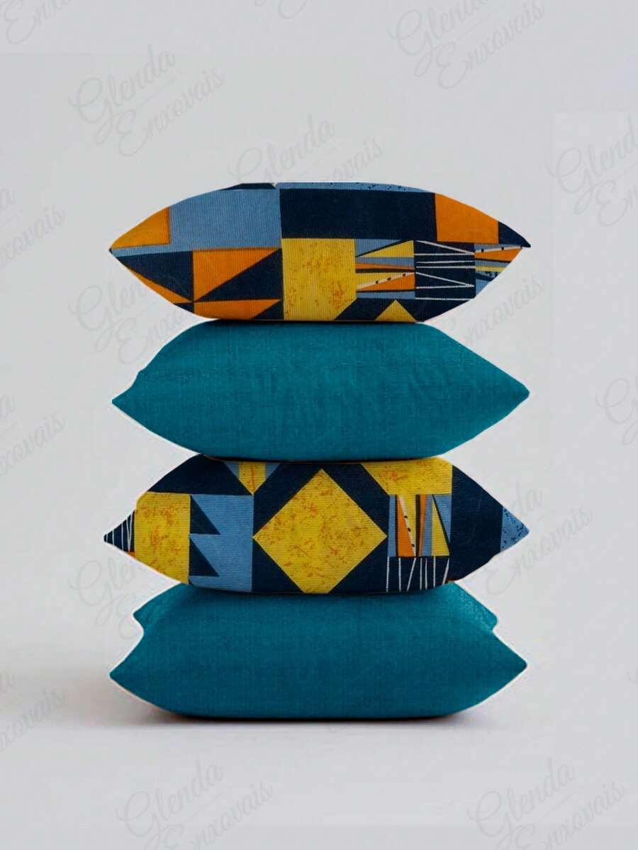(4 Units) 45x45 Pillow Covers – 2 Plain And 2 Printed – Assorted Colors – AL - Geometric Orange-mint Green - View 1
