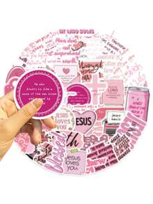 50pcs Pink Bible Jesus Graffiti Scripture Creative Stickers Decorative Mobile Phone Case, Water Cup, Guitar, Computer Waterproof Decals