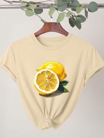 Spring/Summer Women's Patterned Solid-Color Tees, Beach Country Resort Club Lemon Print Girls Casual Fashion T-Shirt, Short-Sleeved Crew Neck Casual Top