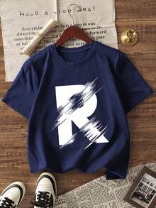 Áo thun nam cổ tròn tay ngắn in chữ mùa hè thường ngày - Màu xanh hải quân - Xem 2